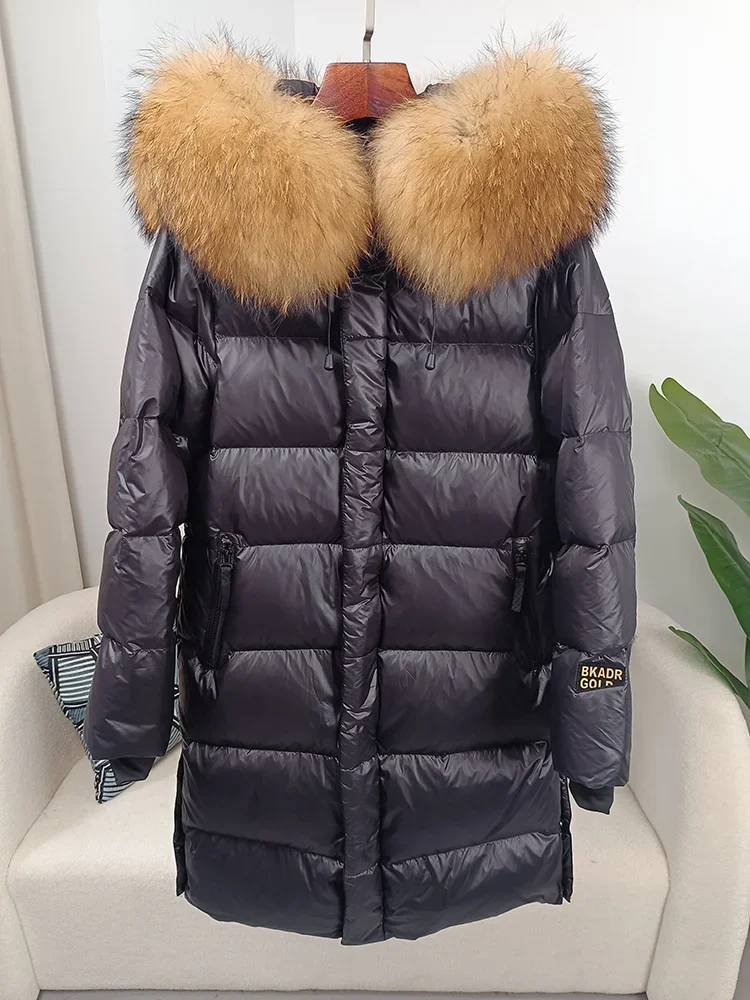 Novo 2025 jaqueta de inverno feminina pele de raposa real gola de pele de guaxinim com capuz grosso quente pato para baixo longo streetwear outerwear destacável