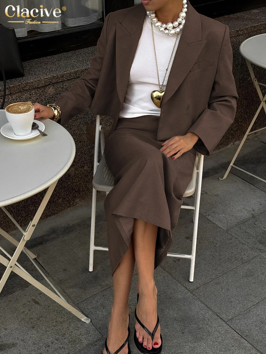 Clacive Fashion Loose Brown 2 Piece Sets Women Outfit 2025 Elegant Long Sleeve Crop Shirt With High Waist Midi Skirt Set Female