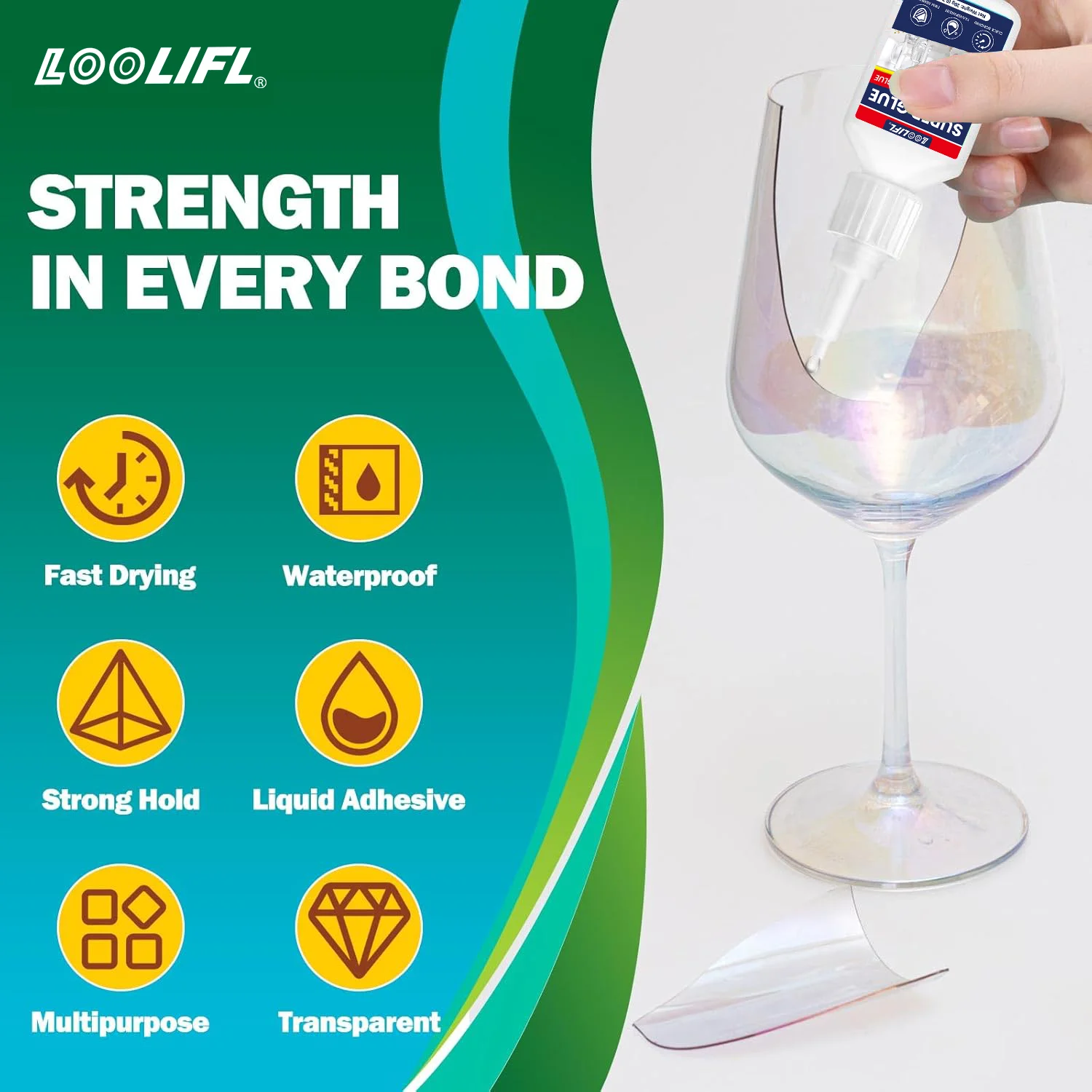 LOOLIFL, Pegamento para vidrio, súper pegamento, Adhesivo para vidrio de secado rápido de 20 g, Fabricación de pegamento profesional durante 15 años, resistente al agua, estable