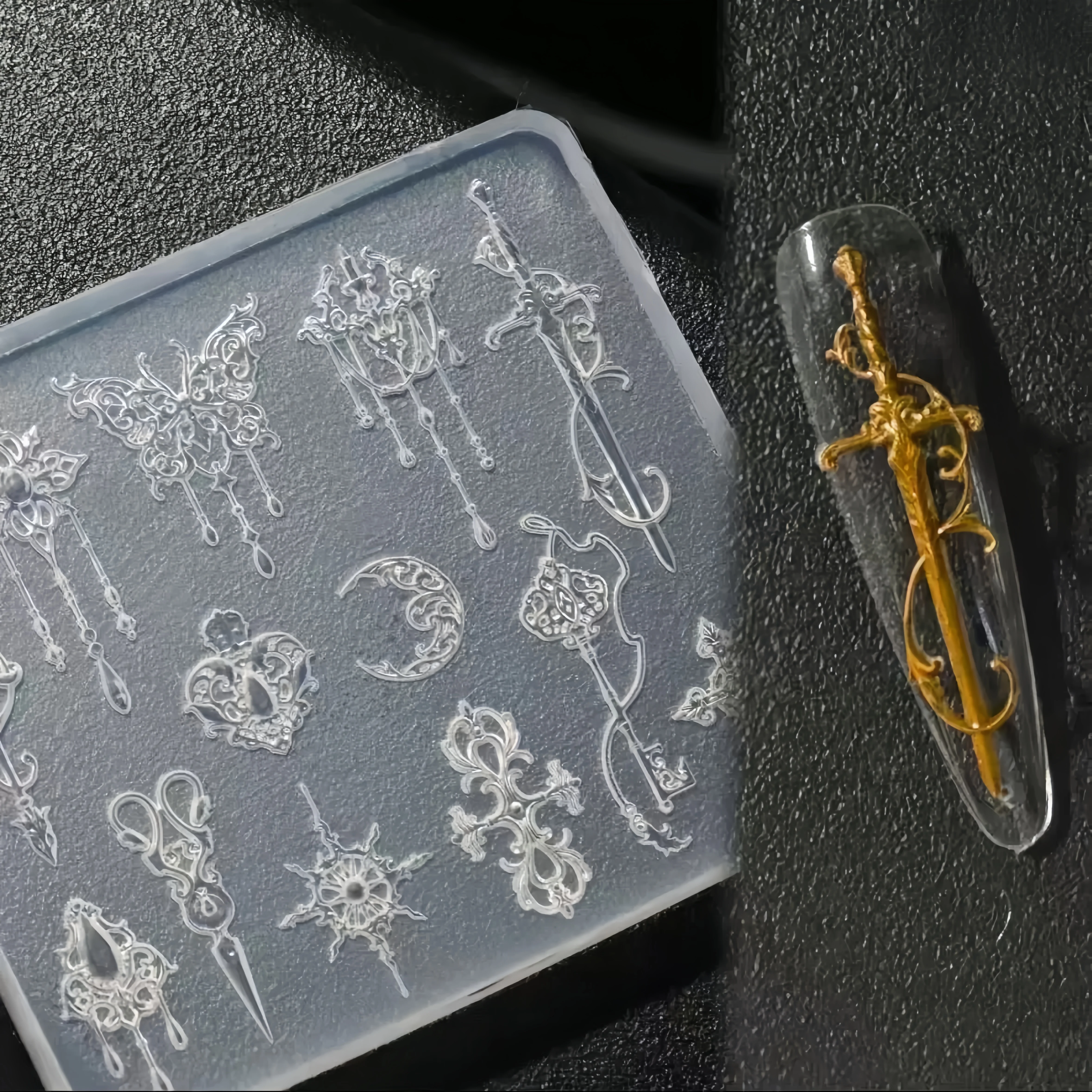 Gothic Vintage Metal‑Texture Nail Art Charms Sword Cross Butterfly Key Moon‑Shaped 3D Alloy Decorations For Long Coffin Nails Ornament view 3