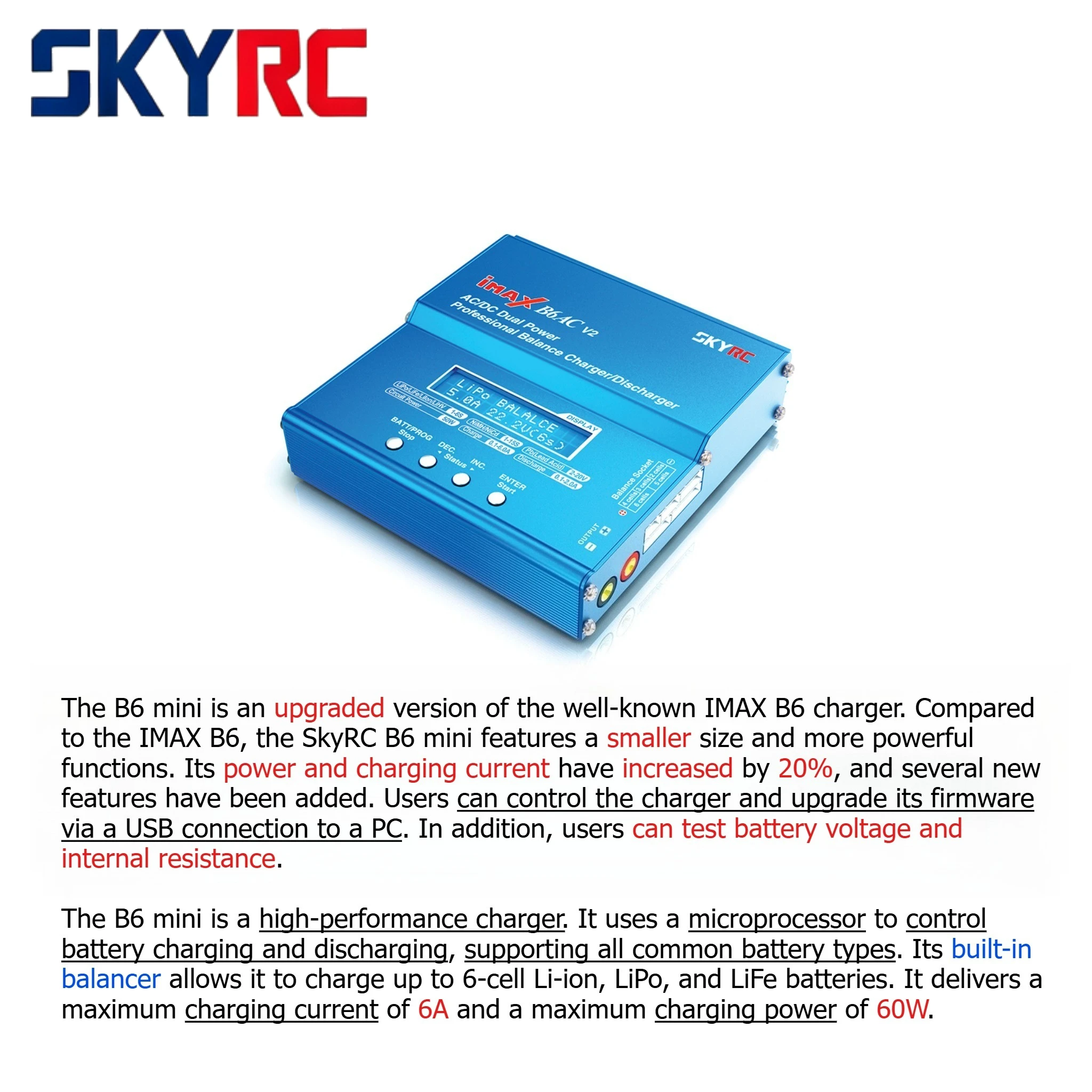 SKYRC IMAX B6 MINI 60W 6A Balance RC Charger Discharger For RC Drone Helicopter Aircraft Support LiPo NiMH NiCd Battery Charging