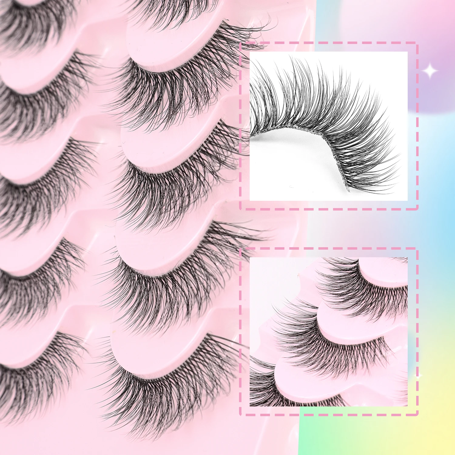7-Pair Natural False Eyelash Transparent Stem Cross Style Lightweight Manga False Eyelash