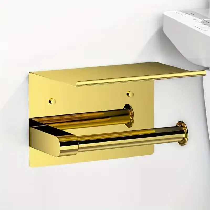 Luxurious Golden Toilet Paper Holder with Phone Shelf - 304 Stainless Steel, Polished Self-Adhesive Wall Mount, No-Drill Install view 2