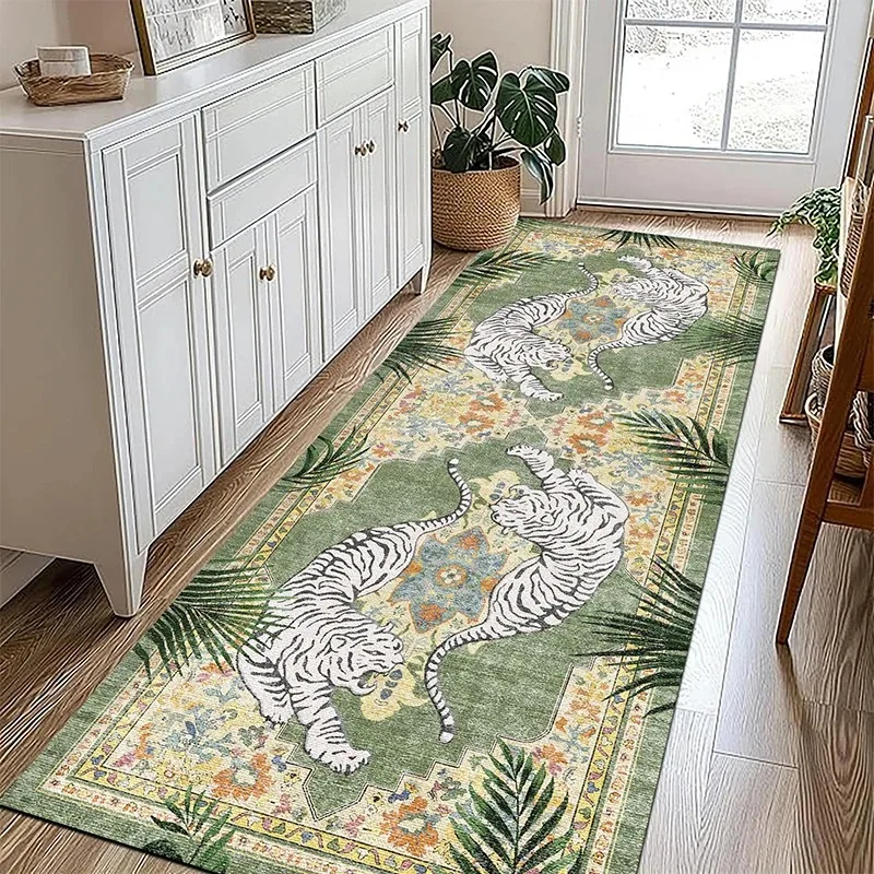 Runner Rug Non-slip Machine Washable Easily Foldable Floor Mat Green Tiger Plant Print Carpet Long Strip Home Decor Mats Ковер