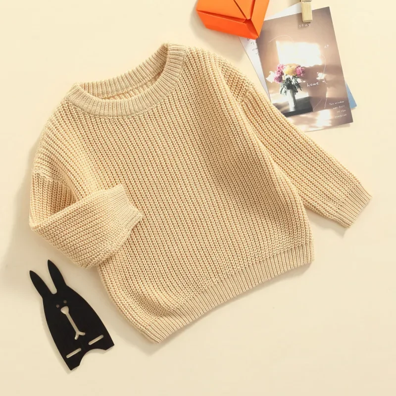 Baby Solid Color O-neck Sweater Winter, Unisex Baby Girl Boy Loose Fit Long Sleeve Knitted Pullover for Autumn, Winter