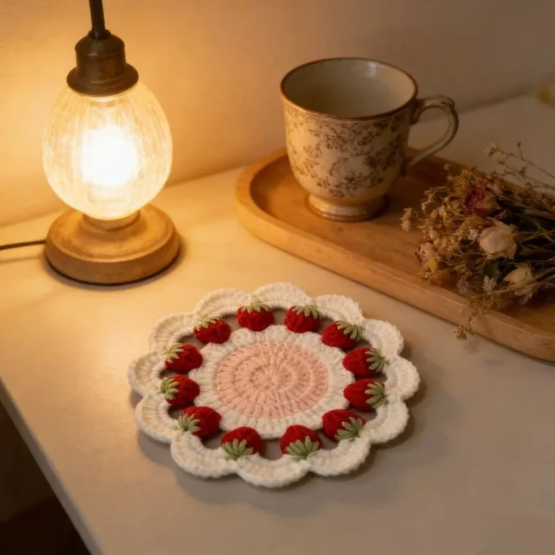 Strawberry Fruit Crochet Coasters for Drinks Coffee,Handmade Crochet Cotton Cup Mat,Cute Coasters for Kitchen Dining Home Office