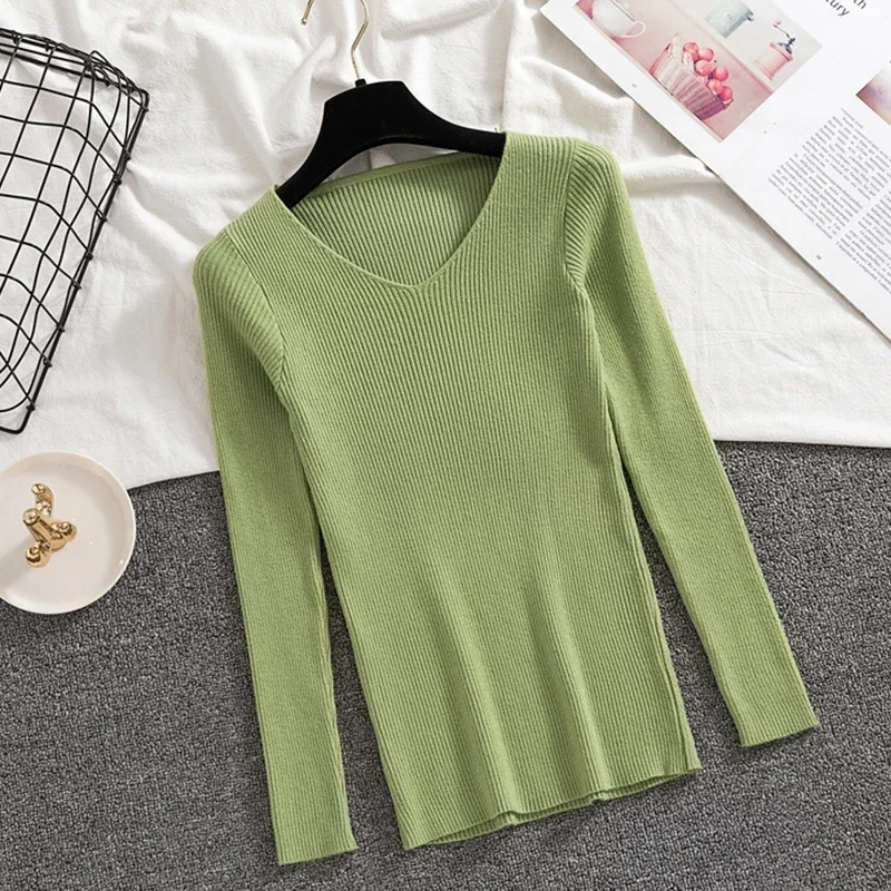 Autumn Winter Pullover Sweater Long Sleeve Top Women V Neck Green Jumper Streetwear Solid Bodycon Black Sweaters Y2K Clothes