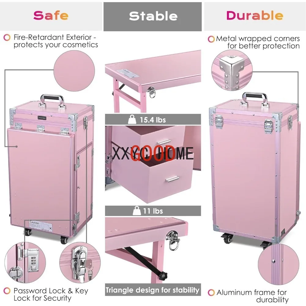 BYOOTIQUE Rolling Manicure Table Foldable Nail Table Makeup Train Case with Desk Cosmetic Trolley Travel Storage Organizer