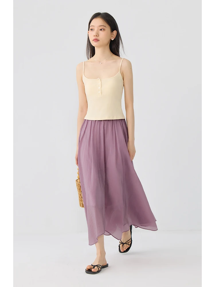 ZIQIAO Small Muyun Yarn Acetate French Fairy Skirt Female 2024 Summer New Holiday Umbrella Skirt Mid-Length Skirt 24ZQ92048