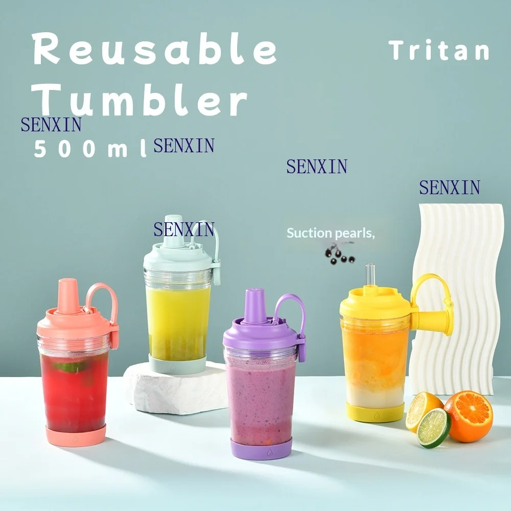 Taza de paja Tritan de 500ml con orificio grande para sorber té de la leche perla taza de agua BOBA con mango magnético portátil