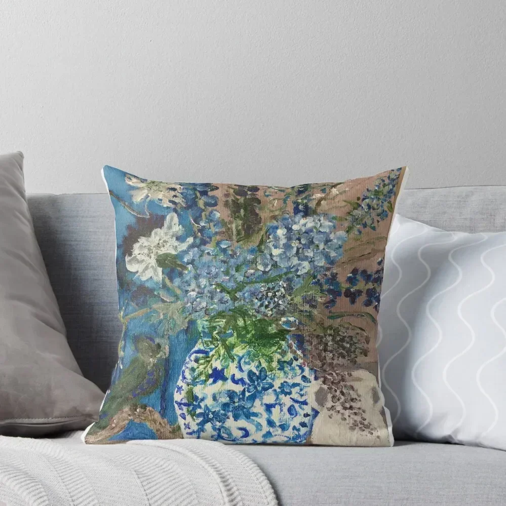 Blue Ginger Jar with Flowers Hydrangea Delphiniums Throw Pillow Sofa Covers Ornamental Pillow Luxury Sofa Cushions pillow