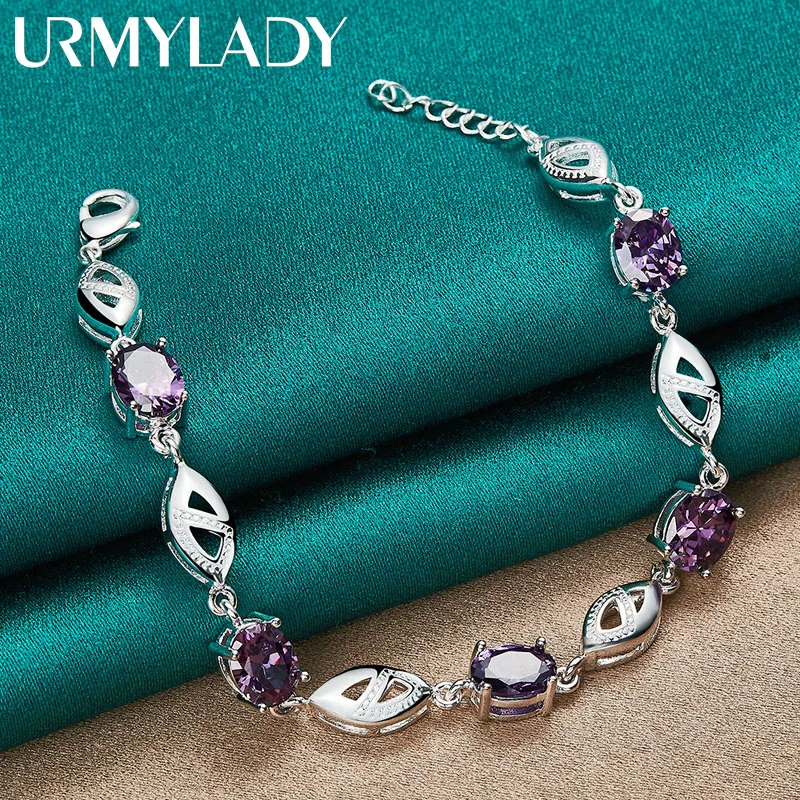 

URMYLADY 925 Sterling Silver Purple AAAAA Zircon Bracelet For Women Engagement Party Fashion Gift Jewelry