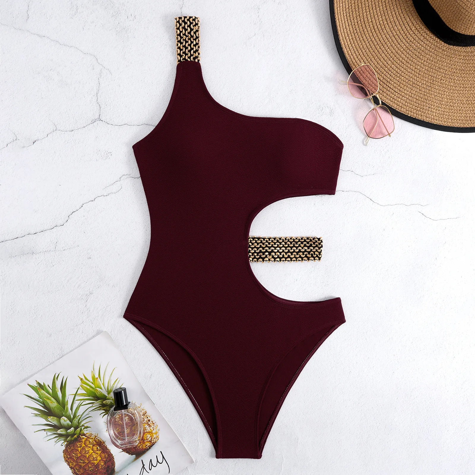 Women's Solid Color One-Piece Bikini Sexy Cut-Out Monokini Swimsuit High Waist Bathing Suit Summer Holiday One Shoulder Bodysuit