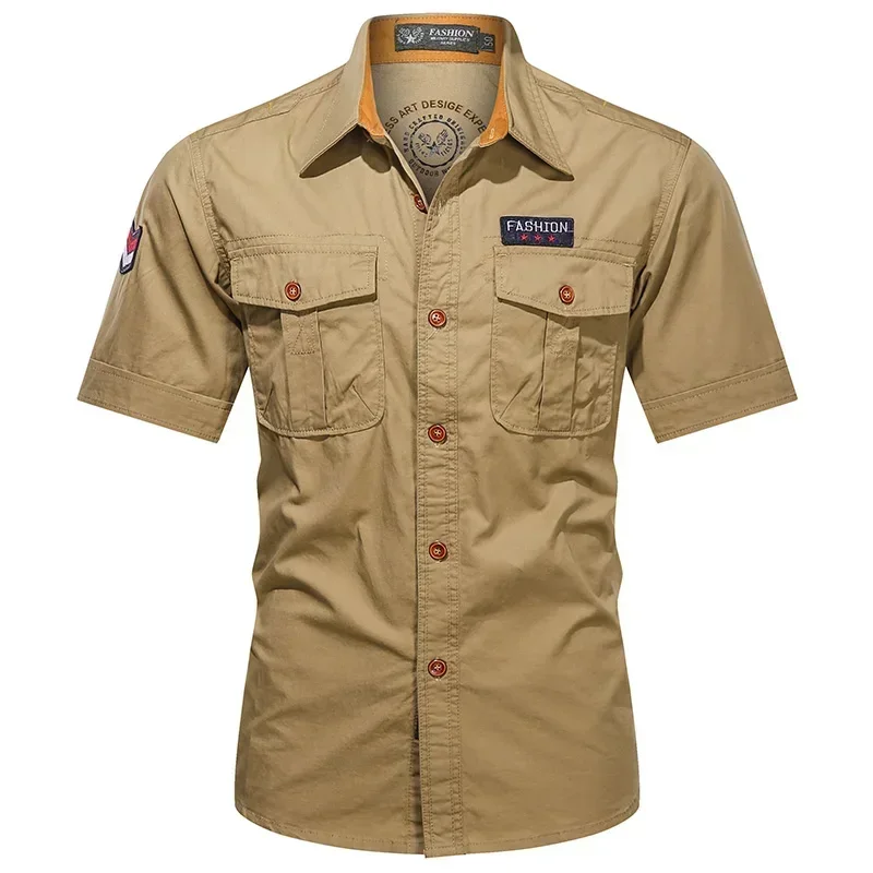 Men Summer Short Sleeved Shirts Multi Pockets Military Tooling Shirts New Male Cotton Outdoor Casual Shirts Size 5XL