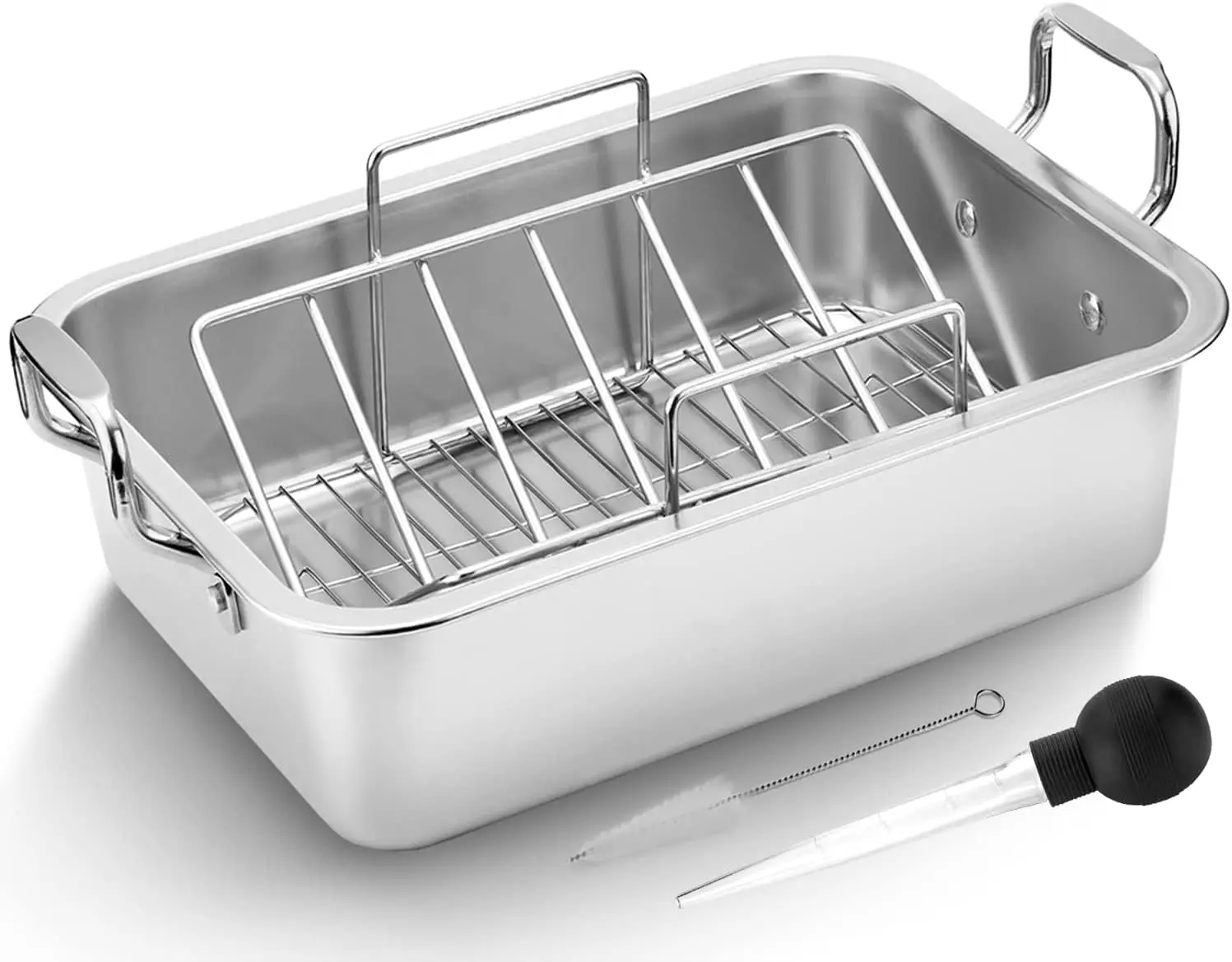 

15" Stainless Steel Roasting Pan with V-Shaped Rack for Turkey, Chicken, Ham