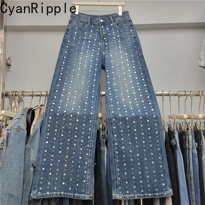 2026 New Autumn Loose Women Denim Trousers Fashionable Shiny Hot Diamonds High Waist Floor-length Wide Leg Straight Casual Jeans