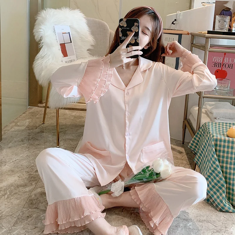 Silk Pajama Set Women Flare Sleeve Soft Home Clothes 2 Piece Set Palace Wind Pure Color Long Sleeve Trousers Sleepwear Suit L506