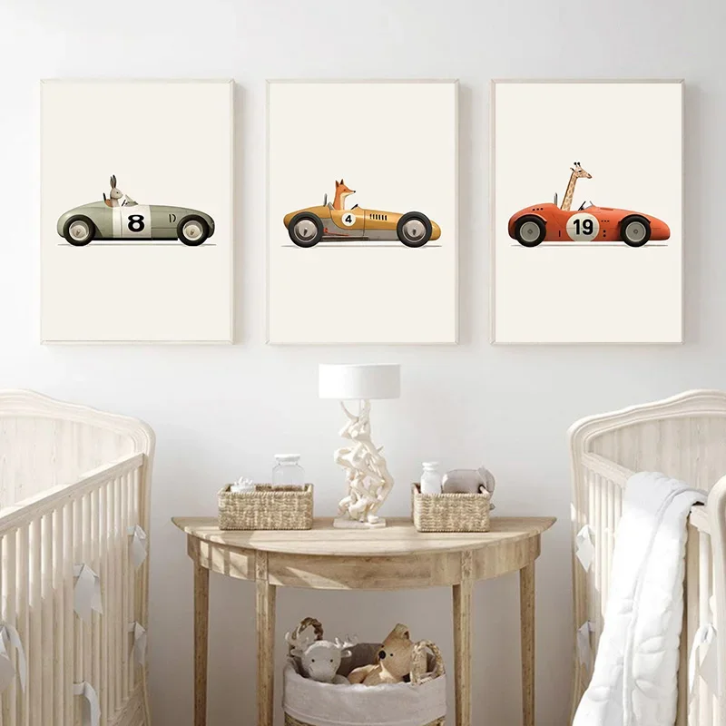 Funny Cartoon Animals Car Art Nursery Wall Poster Print Giraffe Bear Rabbit Children Kid Room Canvas Painting Home Decor Picture