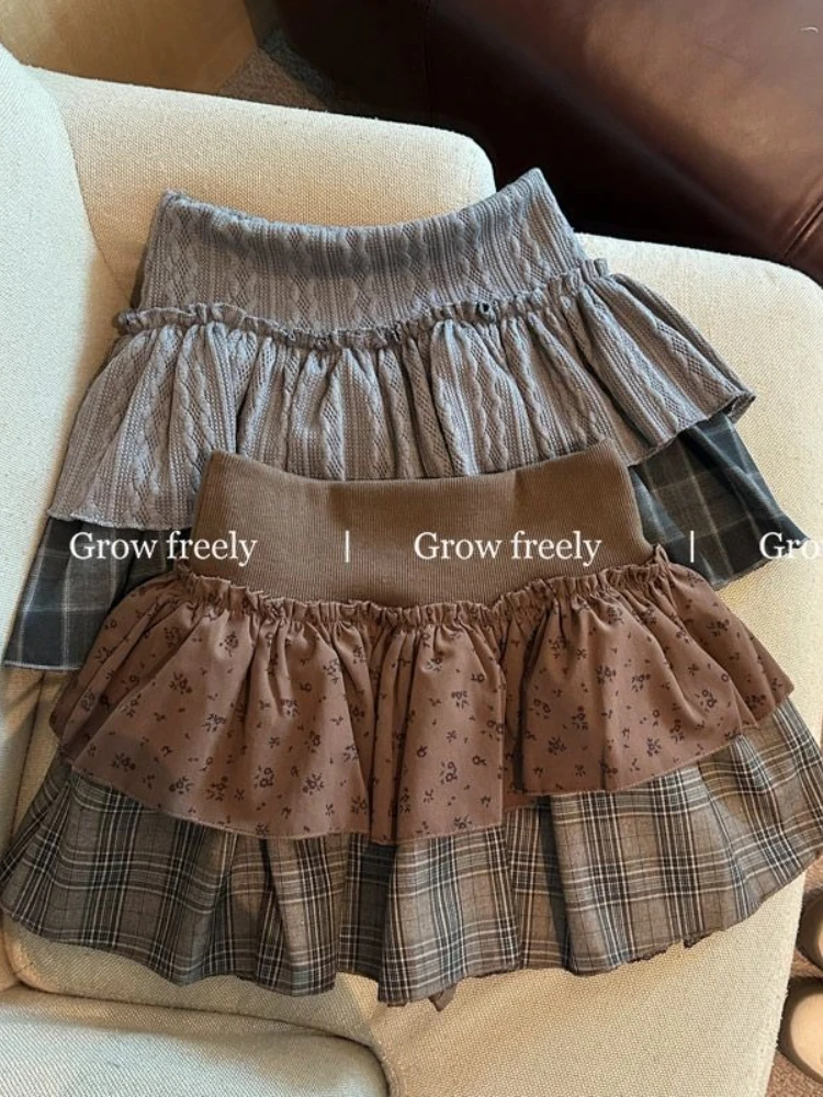 2000s Vintage-Inspired Tiered Mini Skirts: Plaid & Ditsy Floral Prints with Elastic Waist for Y2K Cottagecore Aesthetic Girls