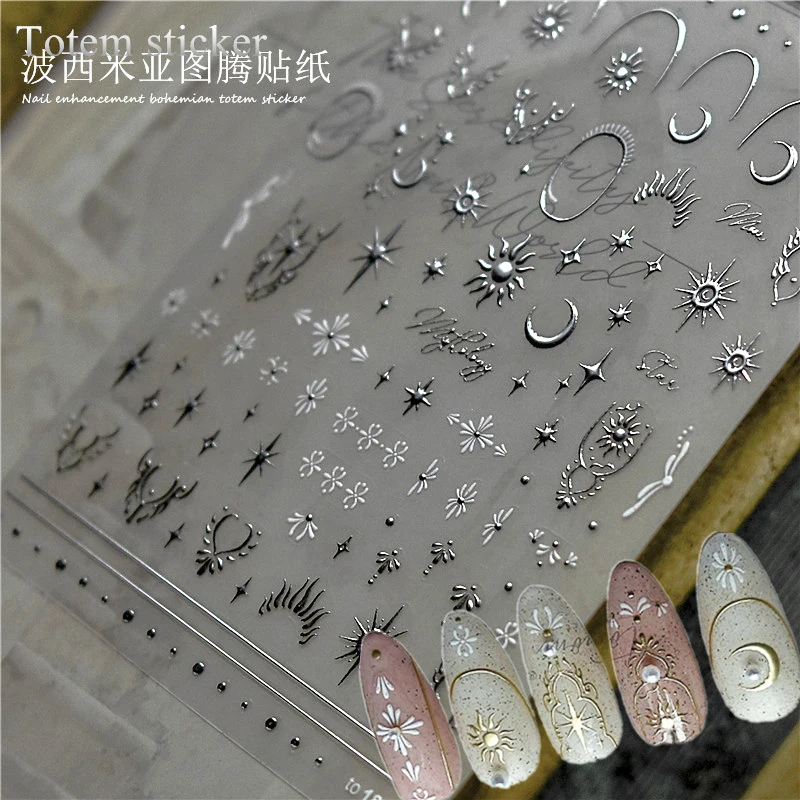 3D Bronzing Silver Nail Art Sticker 8*10CM Laser Bohemia Star Moon Sun Nail Decals Self-Adhesive Silver Manicure Slider NKW-52T