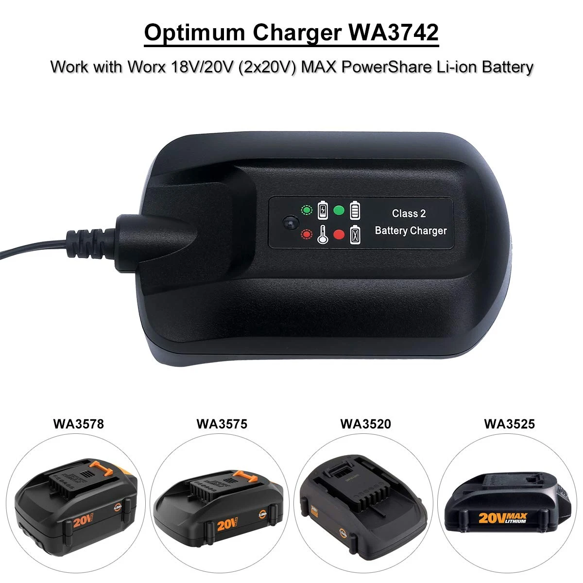 

SEO US Plug WA3742 WA3732 20V Lithium Charger Compatible with Worx 18V/20V PowerShare Battery WA3525 WA3520 WA3512 WA3512.1