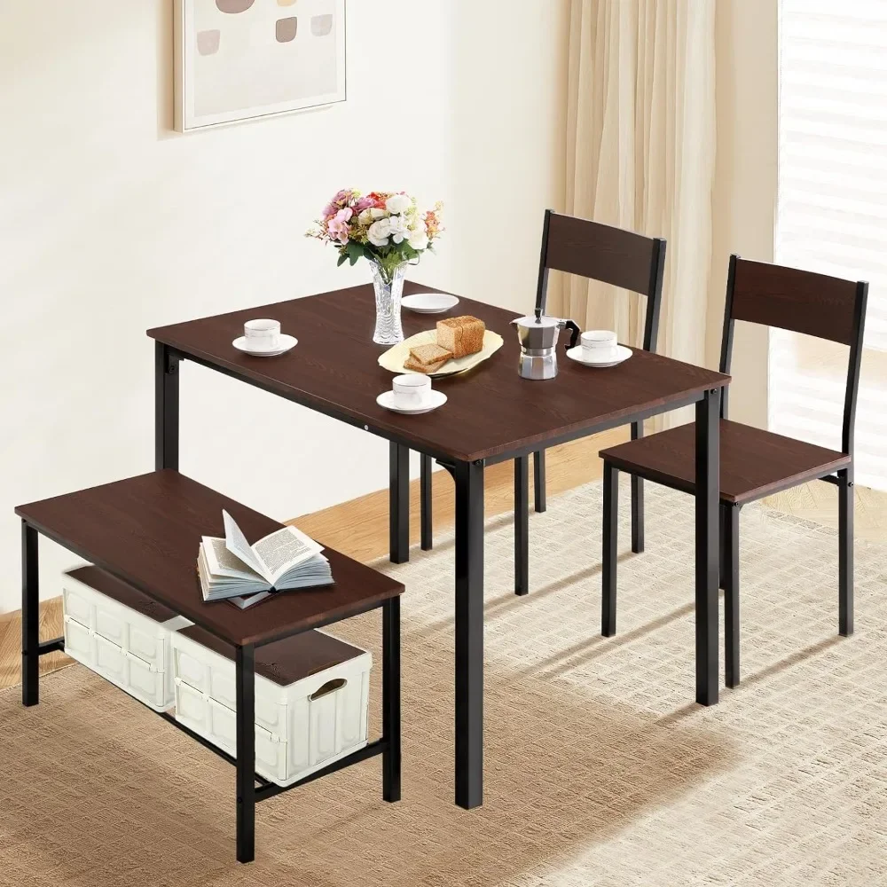 Dining table for 4 people, kitchen table with storage stool and 2 chairs with backrest, modern kitchen dining set for 4 people