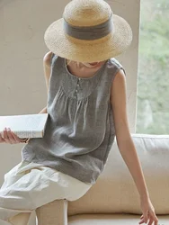 Cotton Linen Grey Sleeveless Top Women Summer 2024 Loose Vintage Tank Top Casual Comfort Slim Button Design O-Neck Linen Vest