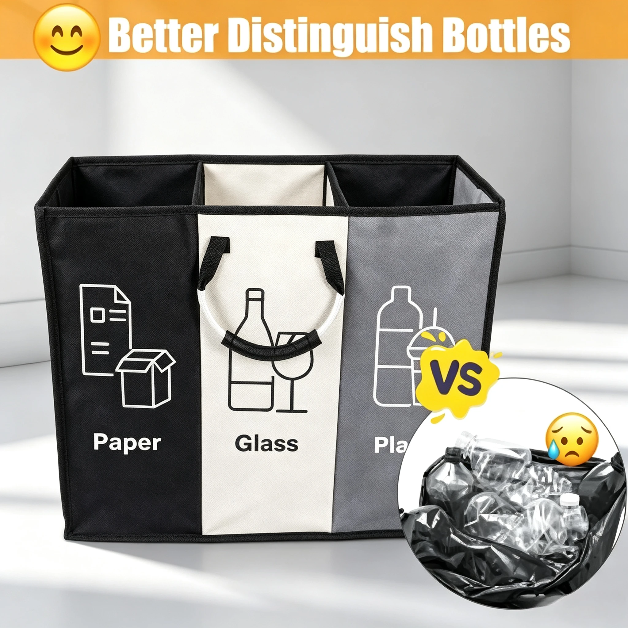 3 Compartments Recycling Bag, Deposit Bottle Collector Bin, Indoor Separate Recycle Hamper, Odor Resistant Sorting Storage Bag