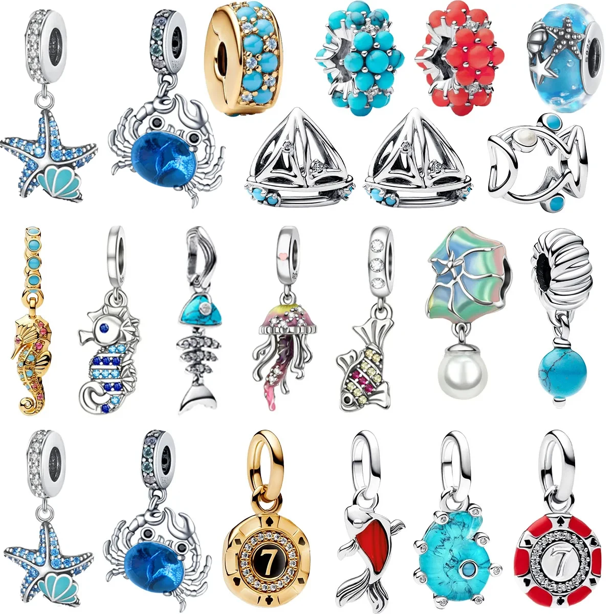 

Original 925 Sterling Silver Charms Ocean Pearls Shell Octopus Clip Flower Beads For Necklace DIY Bracelet Present Jewellery