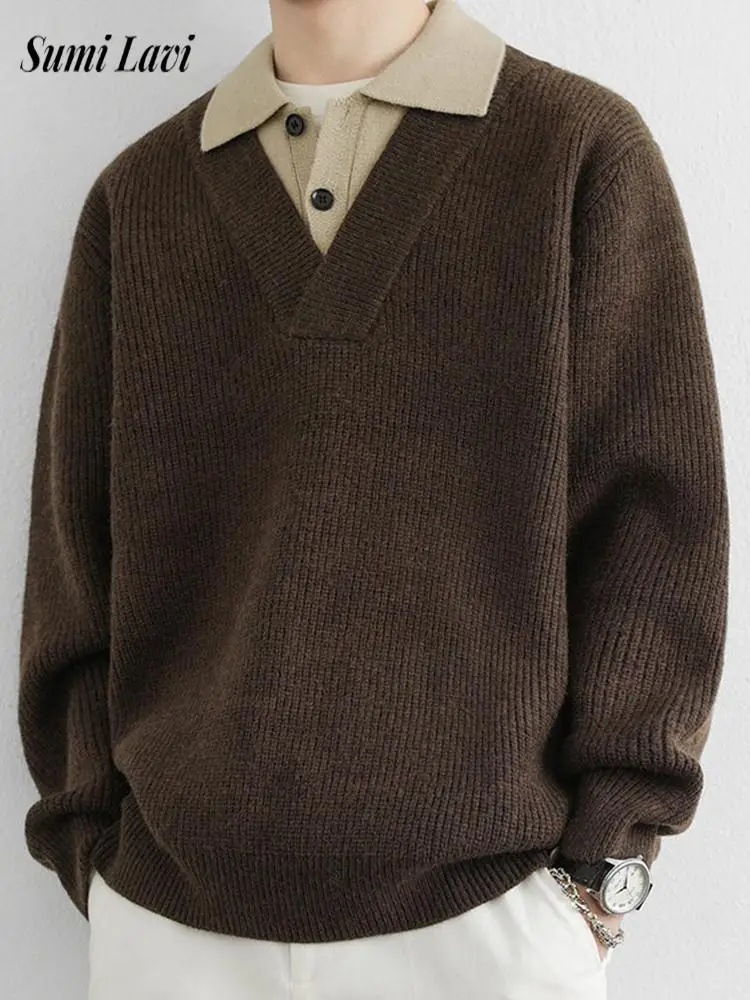 

Vintage Double-layered Patchwork Polo Sweater Men Stylish Long Sleeve Buttoned Lapel Sweaters Autumn Winter Trendy Mens Sweater