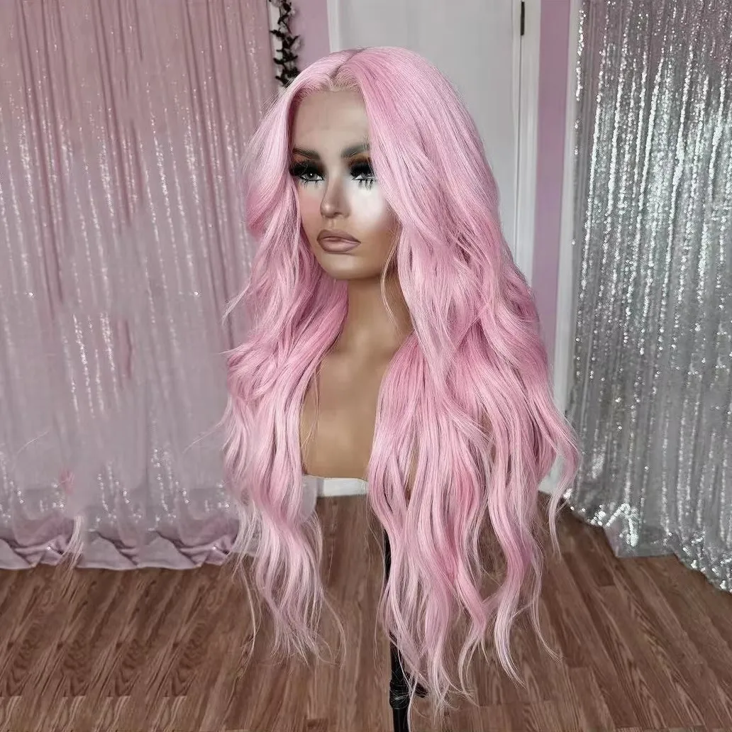 Synthetic Hair Pink Body Wave Long Wavy Pre Plucked 13x4 Lace Front Wigs for Black Women Glueless Cosplay Daily Wear Wigs