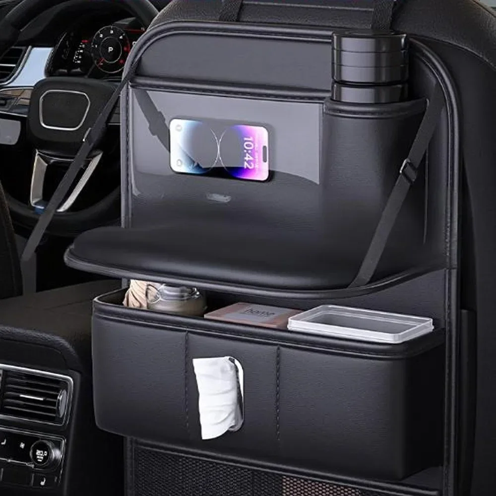 

Multi-functional Car Seat Back Organizer Large Capacity with Foldable Tray Backseat Storage Bag with Tissue Box