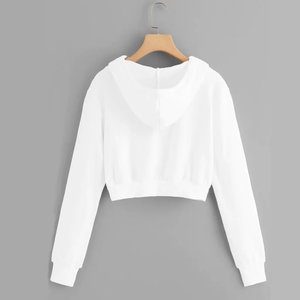 White Short Hooded Sweatshirt Women\'s Casual Solid Zipper Long Sleeve Shirt Crop Tops Pocket Women\'s Blouse Sweatshirt Spring