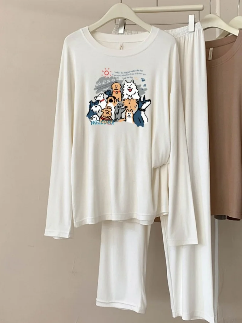 

A36 модальные пижамы женские весенне-осенние новые повседневные однотонные пижамы с круглым вырезом и длинными рукавами в клетку дышащий комплект домашней одежды