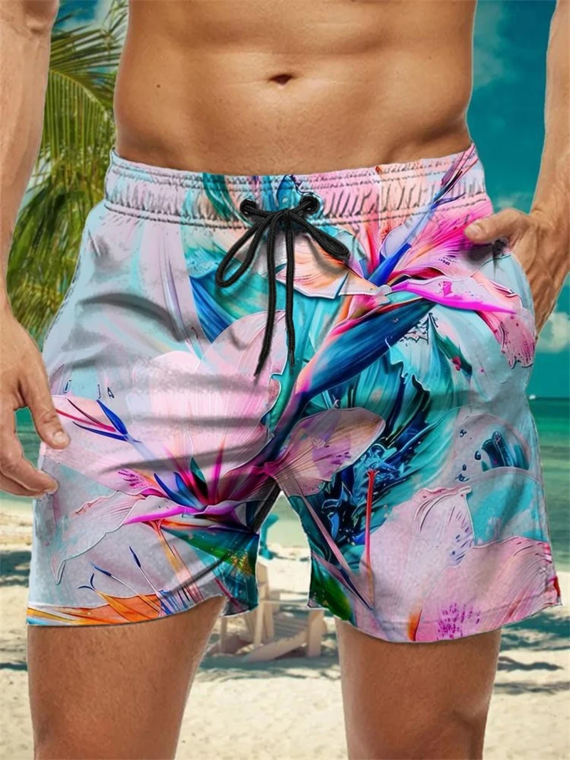 Trendy Floral Graphic Short Pants For Men Summer Fashion Vacation 3D Printed Hawaiian Beach Shorts Casual Oversized Swim Trunks