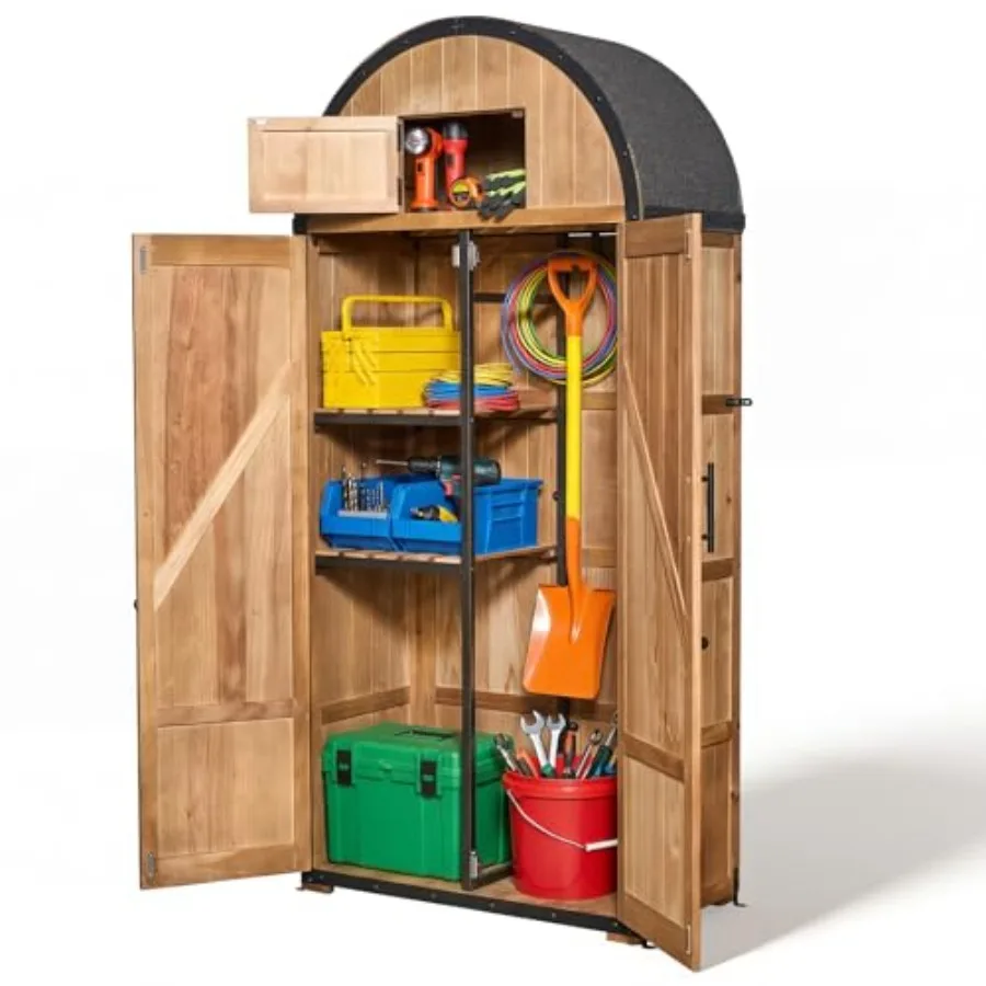 Outdoor storage shed for patio backyard garden use, solid wood with metal frame and domed roof, waterproof lockable vertical de