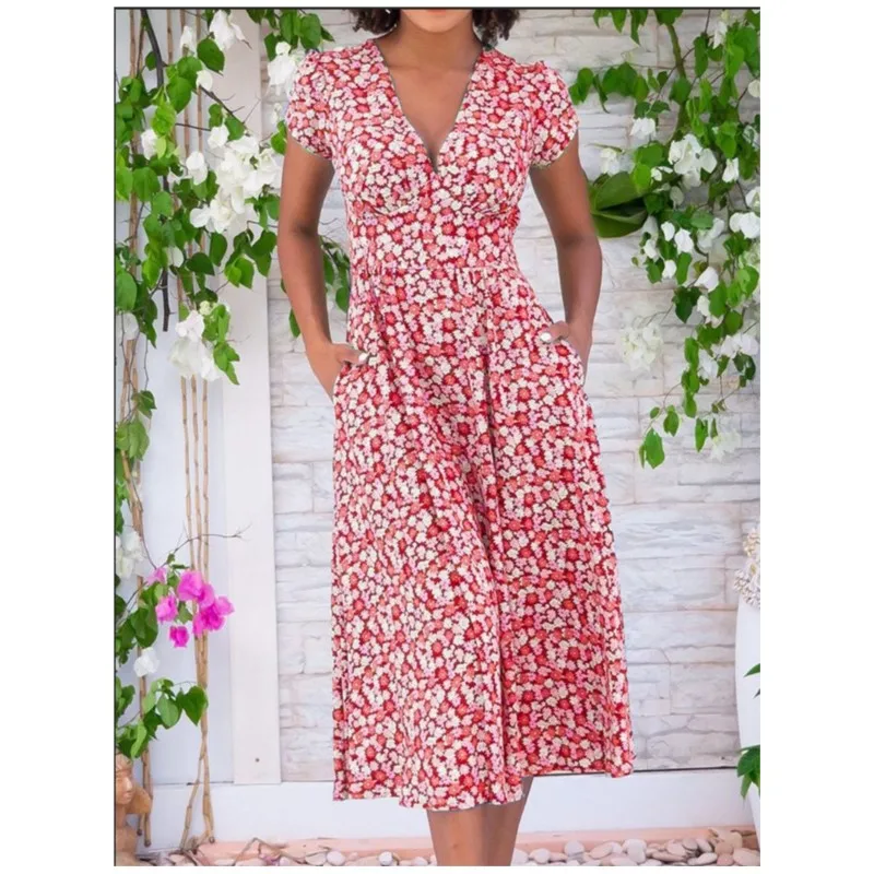 2025 Abito da donna con scollo a V bohémien con tasca stampata floreale Estate Nuovo abito lungo a trapezio elegante a maniche corte a vita media Y2k