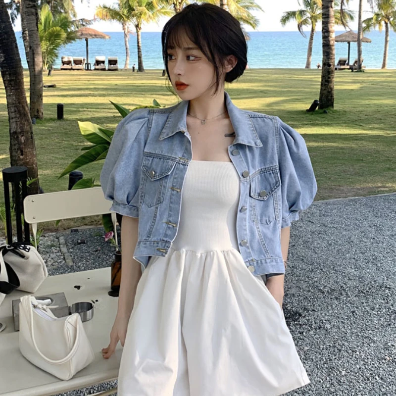 

Spring Short Puff Sleeve Jackets Women Solid Denim Loose Ulzzang Streetwear Leisure Korean Fashion Teens Sweet Retro Crop Coat