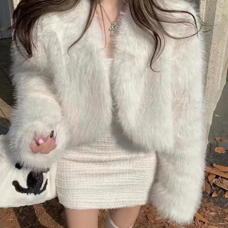 Women Faux Fur Short Coats Jackets V Neck Coat Thick Warm Y2k Streetwear White Jacket Work Solid Outerwear Autumn Winter 2025