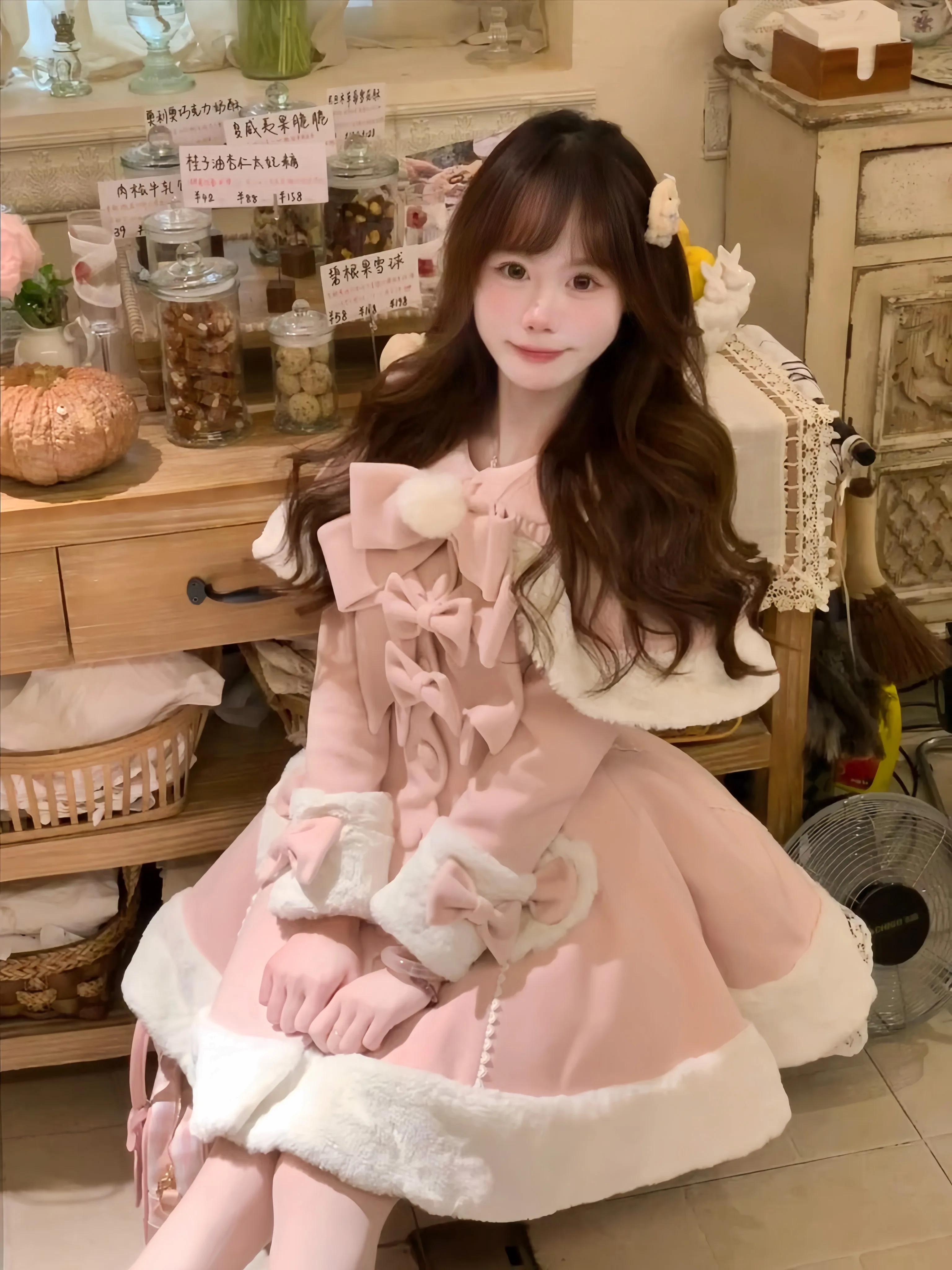 Original Sweet Lolita Pink Wool Coat Winter New Women's Sweet Cute Bow Slim Fit Elegant Long Jacket Overcoat Detachable Cape