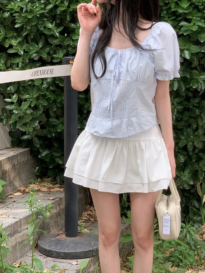 痩身効果バブルスリーブシャツレディースファッションスクエアカラーホワイトシャツウエストシェイプ夏の新スタイル甘いスタイル