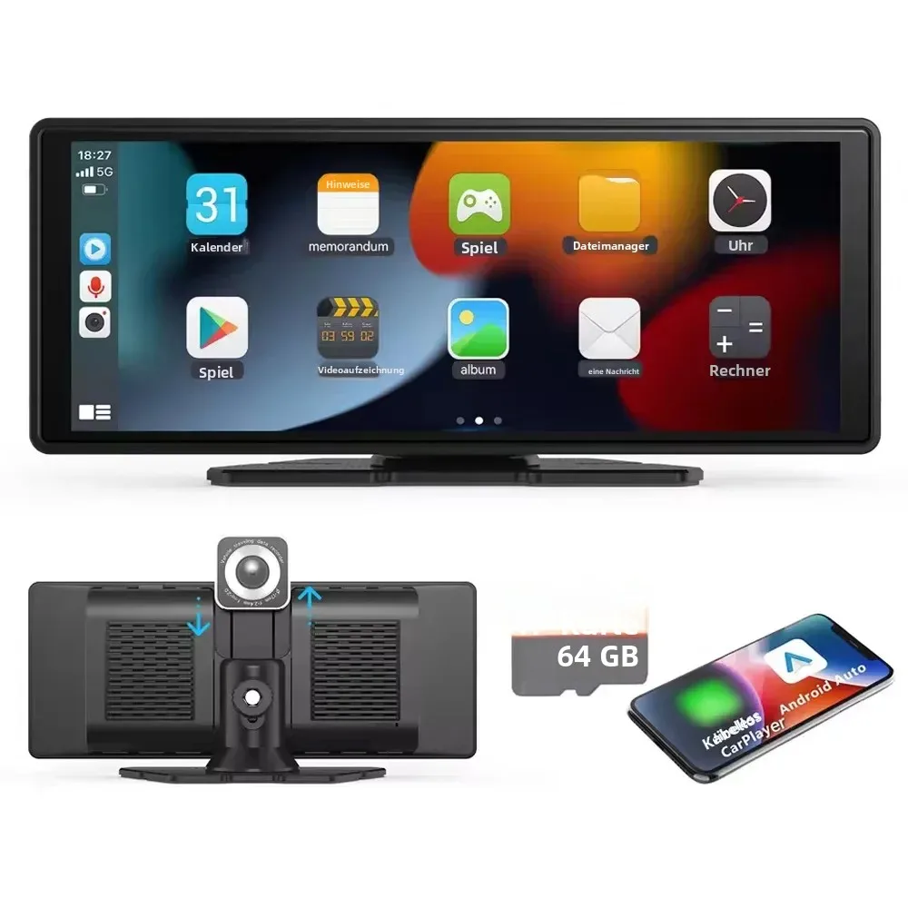 10,26 Zoll HD-Touchscreen Tragbares Kabelloses CarPlay Autoradio, Unterstützt Android Auto Mirror Link mit Rückfahrkamera