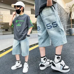 New Summer Teenage Boys Denim Shorts Classic Light Blue Thin Style Fashion Elastic Waist Jeans Shorts Kids Clothes 6 - 14 Years