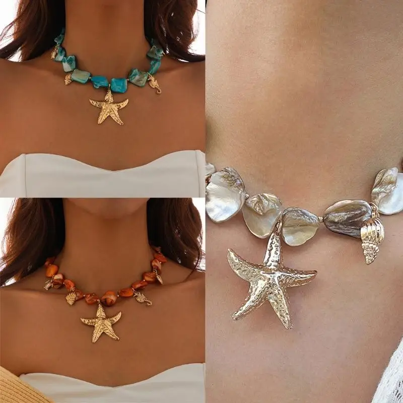 Collar cáscara gargantilla shell sharfishs estrellas marco falso perlas colgante declaración collar grueso