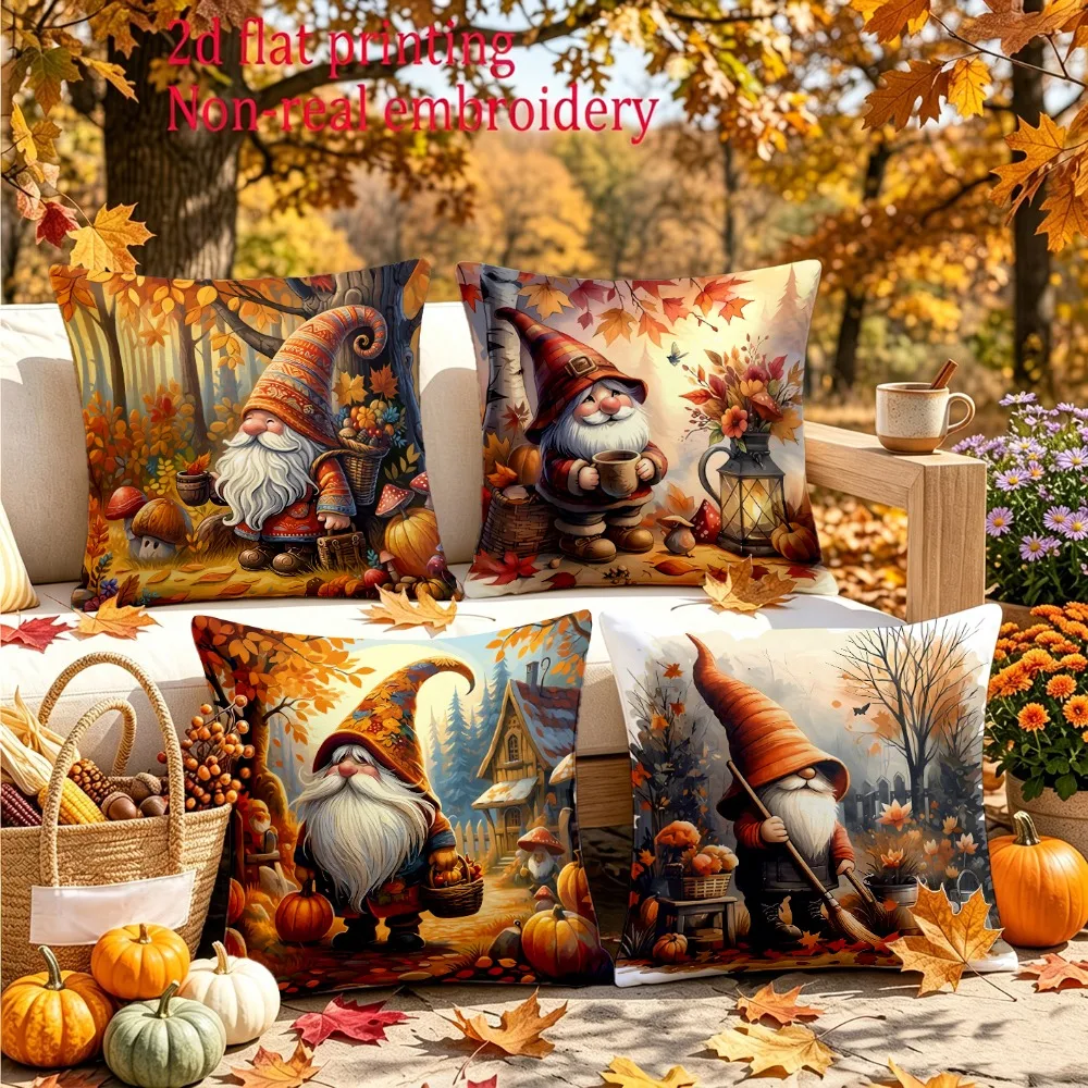 Large Set of Four Printed Throw Pillows Autumn Gnome Pumpkin Woodland Harvest Cushion Covers Seasonal Fall Decor Home Accents