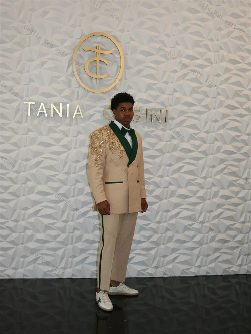 

Luxury Crystals Men Suit Set 2 Pcs Blazer+Pants Trousers Beige Green Wedding Tuxedo Formal Office Jacket Cotton Coat Customized