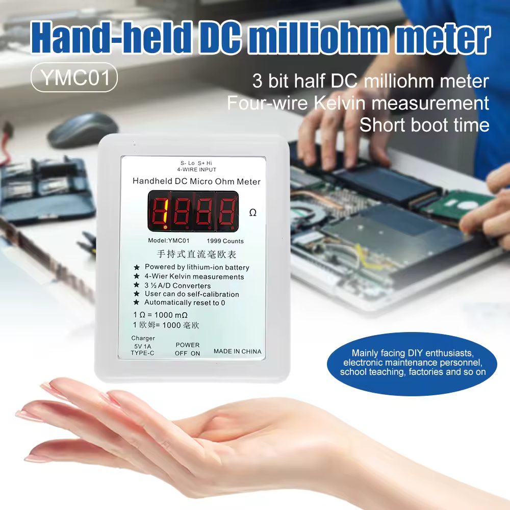 YMC01 Handheld DC Milliohmmeter Low Resistance Tester Four Wire Kelvin Measurement Rechargeable Meter with small clip