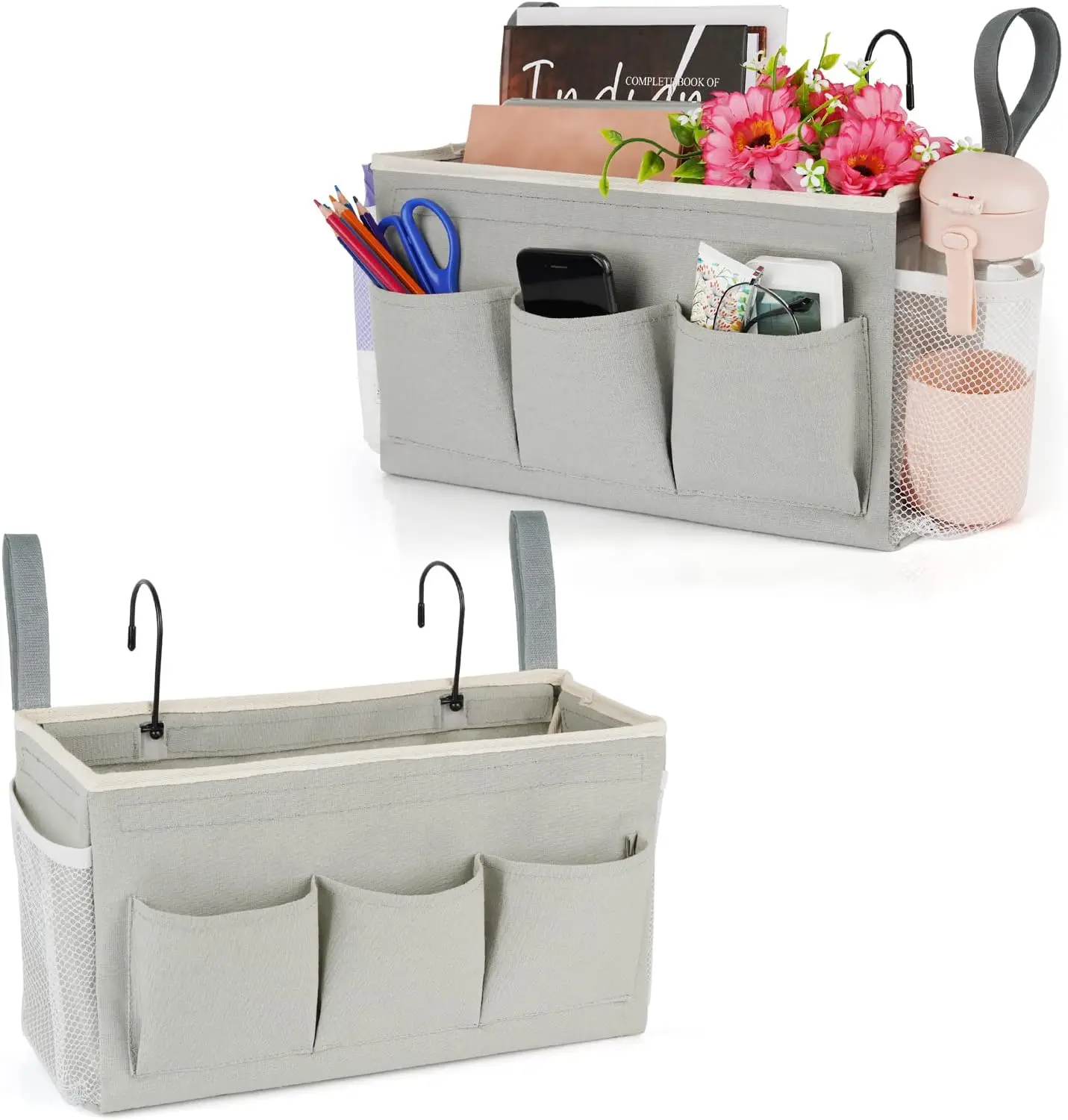 

Bedside Caddy Organizer With Fixed Straps & Water Bottle Holder For Home, College Dorm, Bunk Bed, Hospital & Crib Bed Rails (2