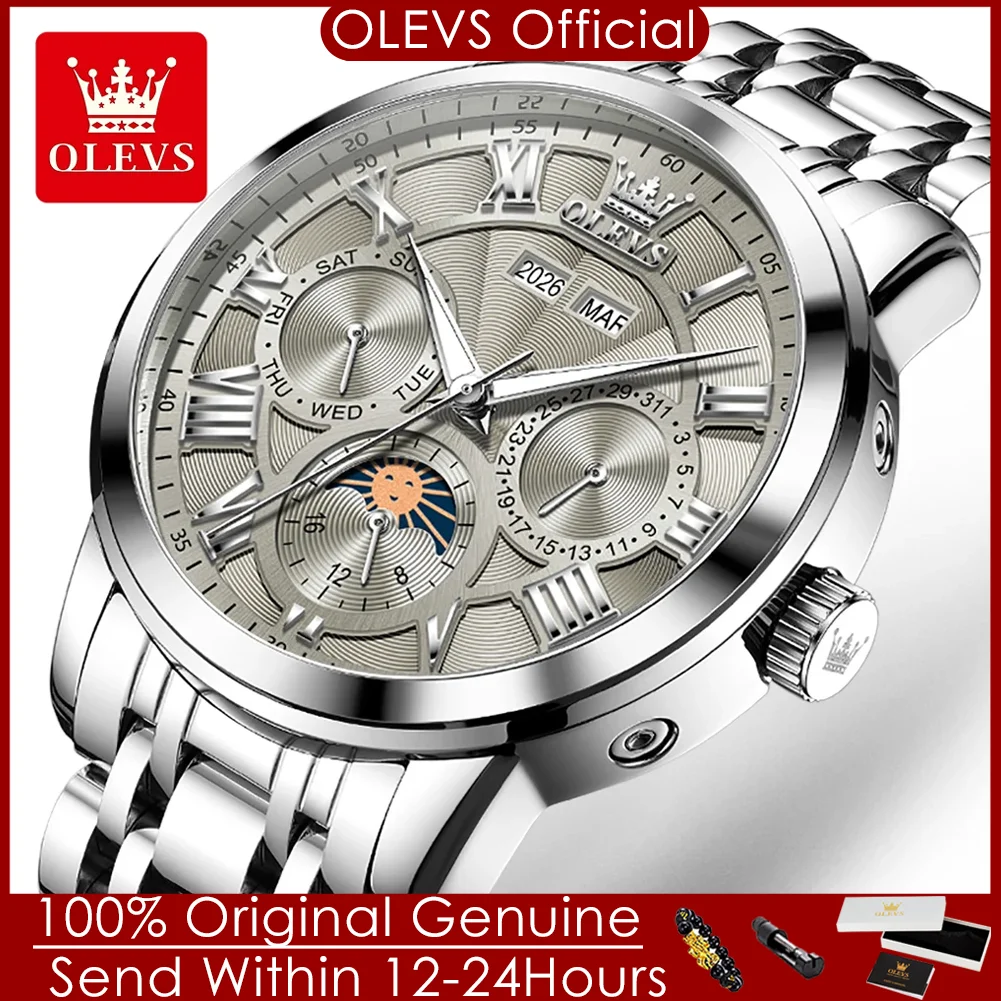 

Мужские часы OLEVS 6785 класса люкс, 24-часовой календарь с фазами луны, вечный календарь, римский циферблат, новинка 2026 года, автоматические механические наручные часы для мужчин