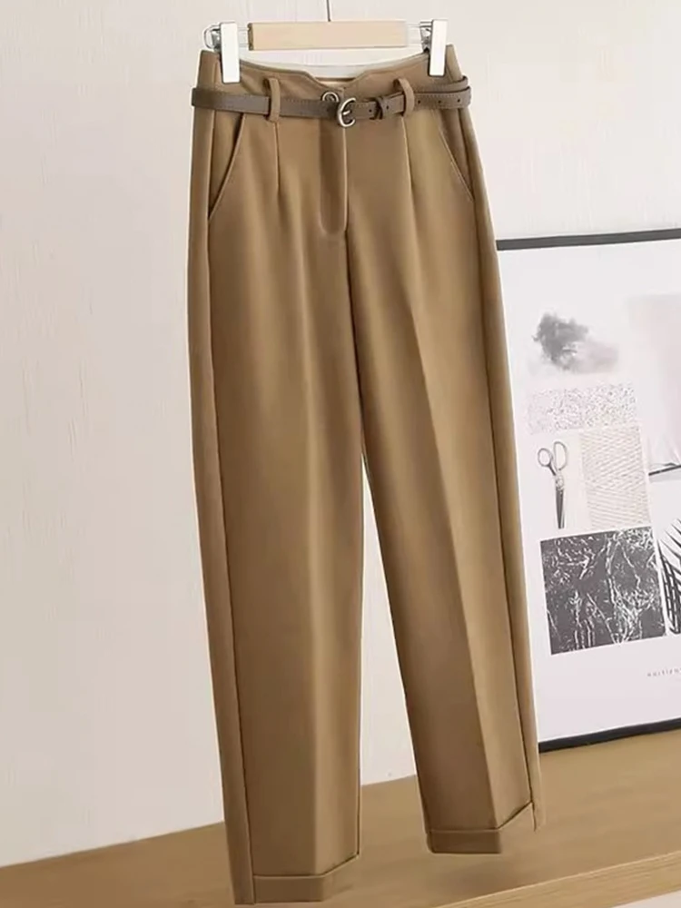 Faionable ارتفاع الخصر بنطال ذو قصة أرجل واسعة الخريف بناطيل كاجوال Ele ed أنبوب تسع نقاط السراويل تخفيف Sle l الخصر #3